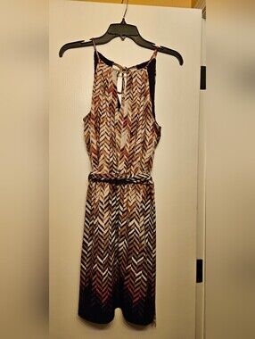 White House Black Market One-Shoulder Chevron Dress in Cream, Brown and Black